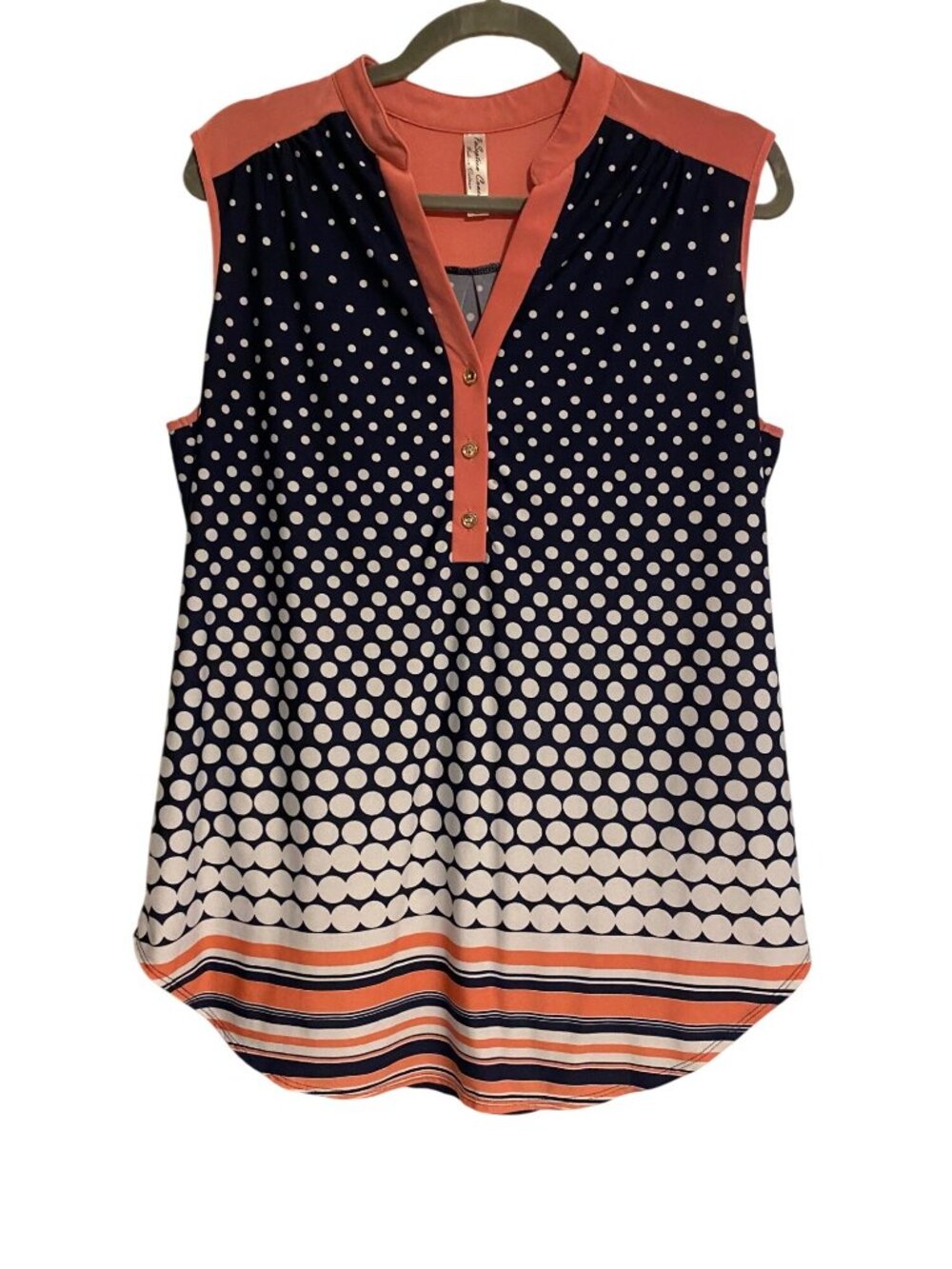 Per Seption Concept Women's XL Blouse Coral Navy Polka Dot Stripe Sleeveless